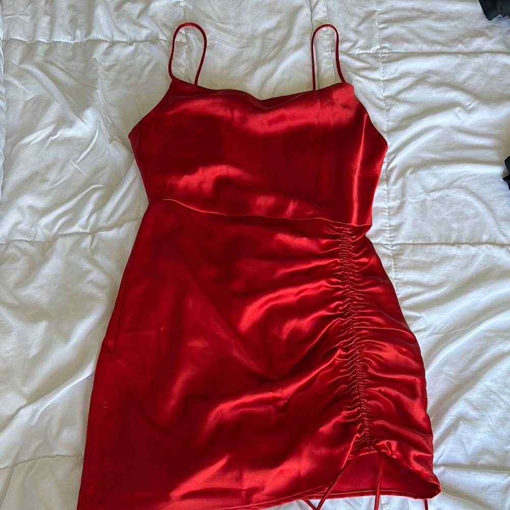 Zara Red Ruched Mini Dress Spaghetti Strap